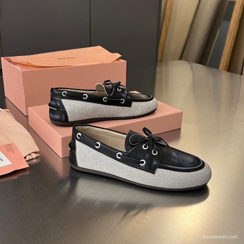 2025 Women Miu Miu Black Beige Leather Fabric Loafers