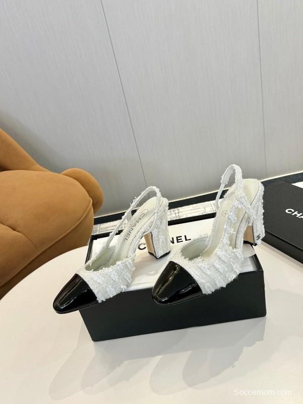 2025 Women Chanel White Black Leather Tweed Slingback Block Heel LY00270