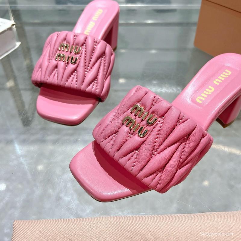 2025 Women Miu Miu Pink Sheepskin Heeled Sandals Quilted KFY00250