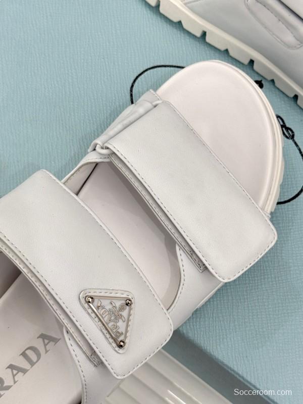 2025 Women Prada White Leather Slippers KFY00240