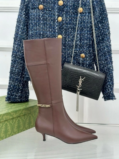 2024 Women Gucci brown calf leather boots chain MJ00550