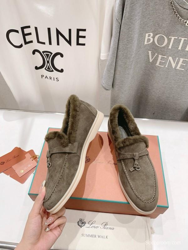 2024 Women LP Gray Suede Shearling Loafers MJ00300