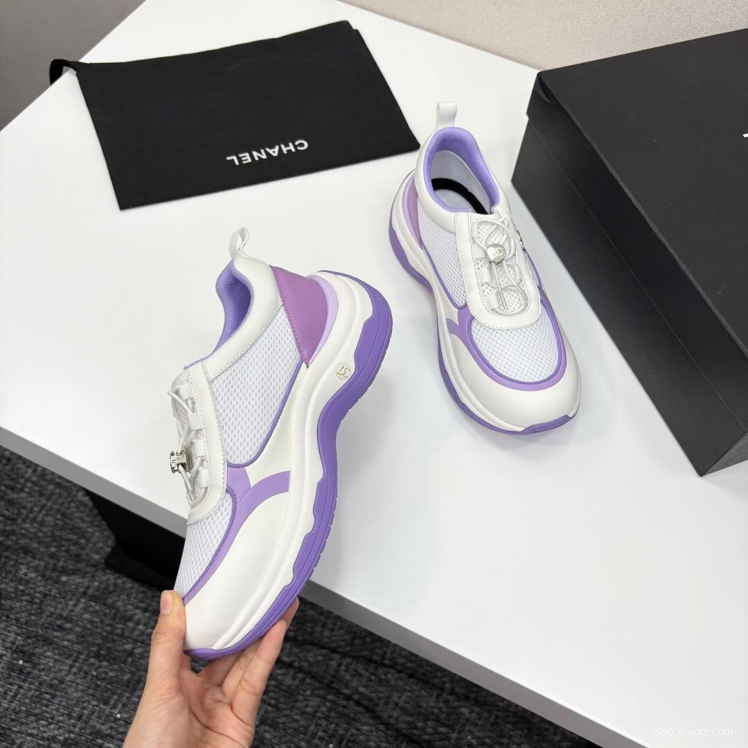 2025 Women Chanel White And Purple Leather And Mesh Casual Sneakers Chunky Sole Classic Logo LY00360(F)
