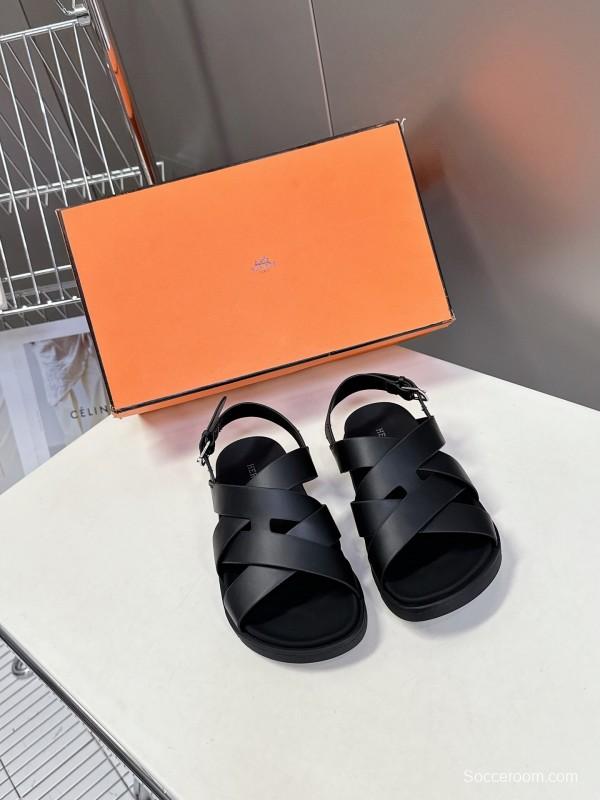 2025 Women Hermès Black Leather Sandals