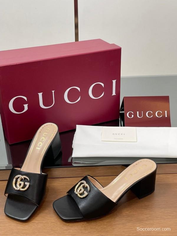 2025 Women Gucci Black Leather Slippers Crystal GG Buckle LY00280
