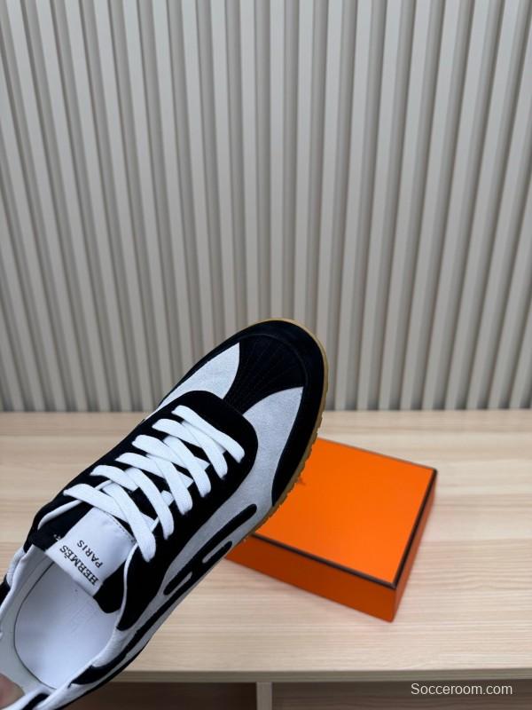 2025 Unisex Hermès Black White Suede Goat Leather Sneakers Top Version LY00310