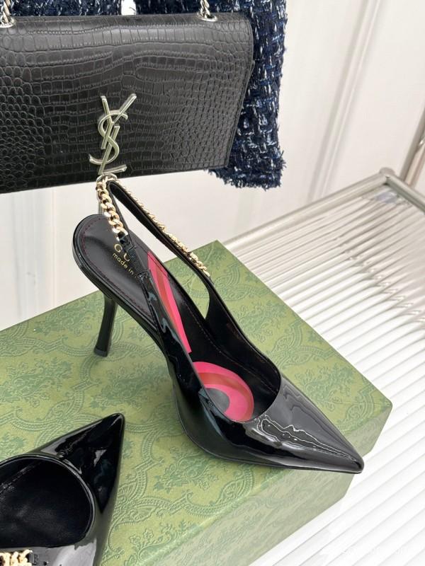 2025 Women Gucci Black Patent Leather Slingback High Heel Chain Detail