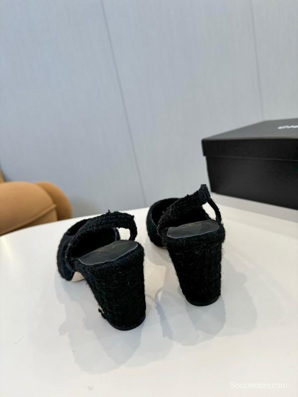 2025 Women Chanel Black Fabric Leather Slingback Heels LY00240