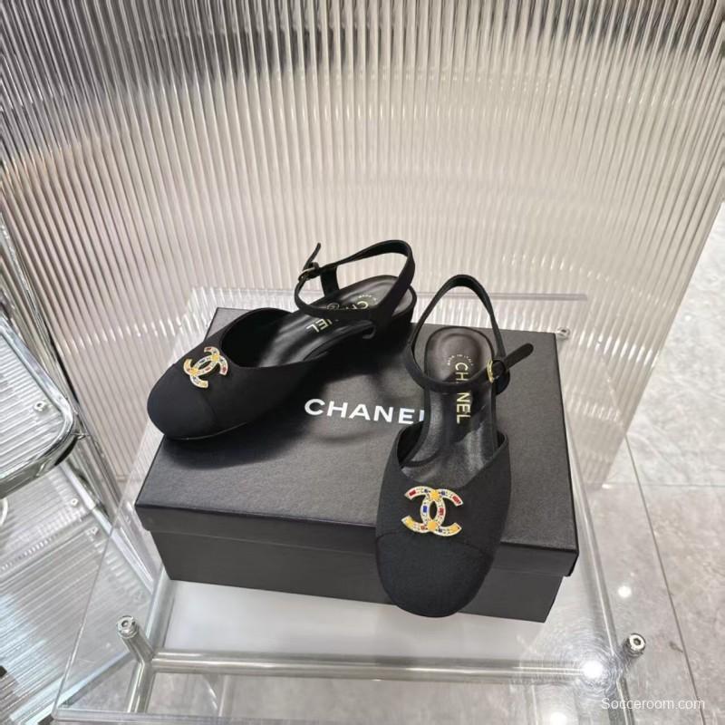 2025 Women Chanel Black Fabric Slingback Sandals