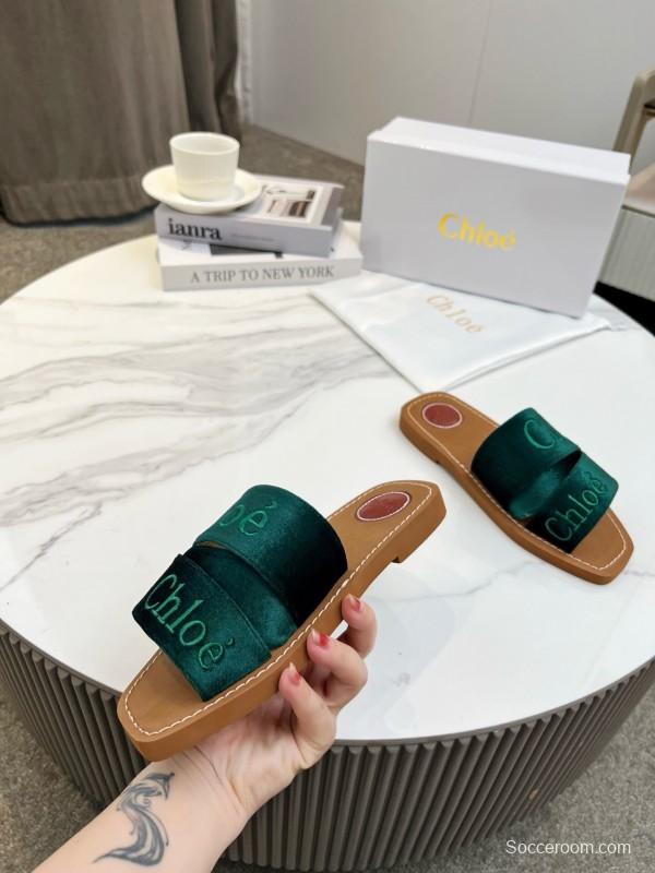 2025 Women Chloé Green Velvet Slippers