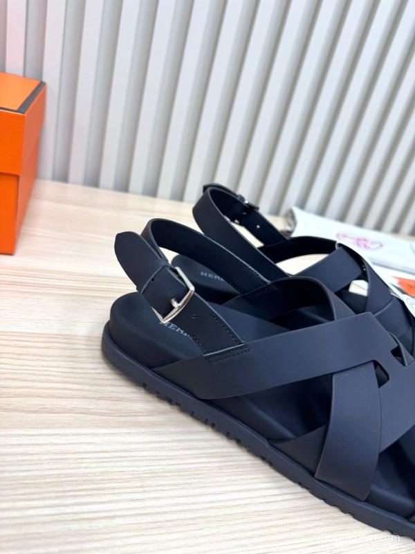 2025 Slippers Hermès Black Leather Sandals