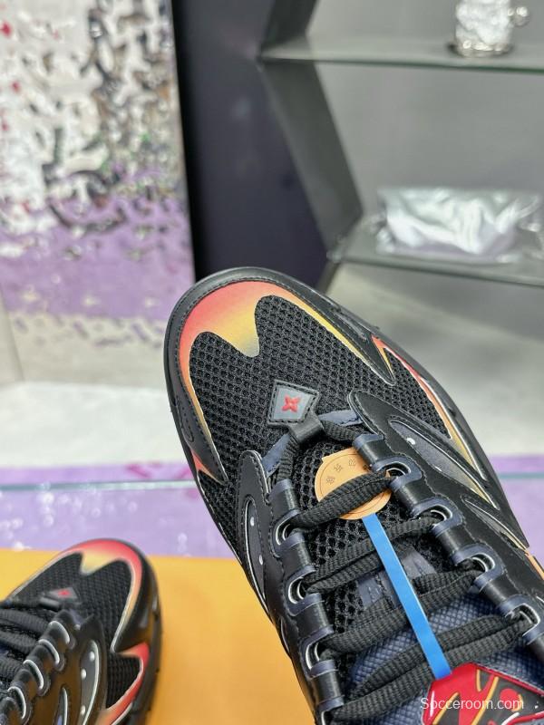 2025 Men Louis Vuitton Black Yellow Orange Mesh Leather Sneakers MJ00420