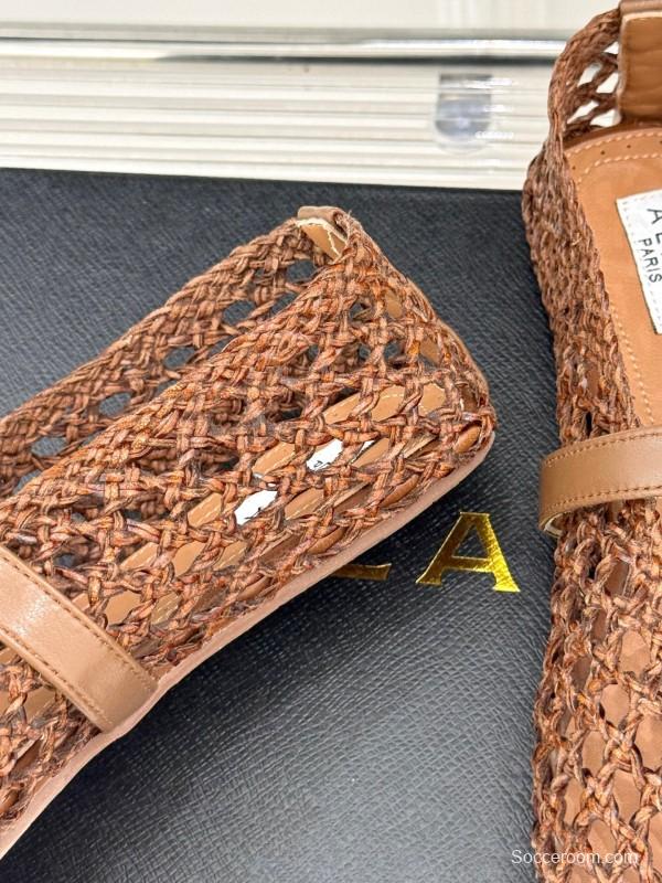 2025 Women AlAIA Brown Leather Woven Mary Jane Shoes