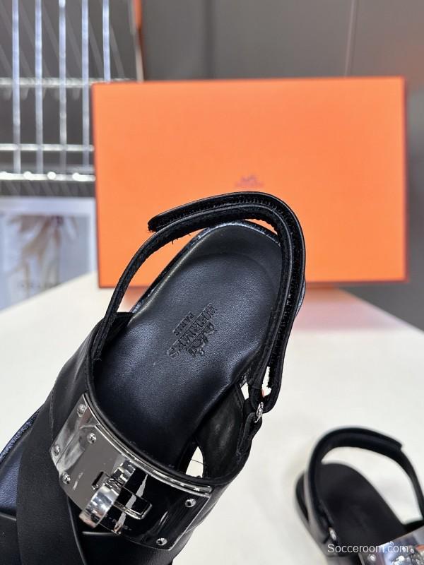 2025 Women Hermès Black Leather Sandals Metal Buckle KFY00300