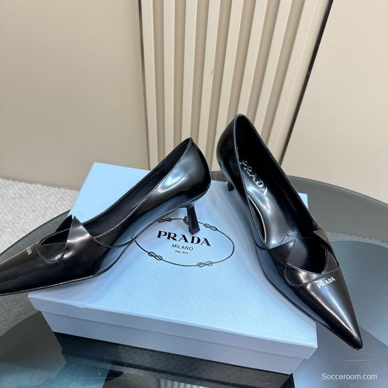 2025 Women Prada Black Leather Heels KFY00310