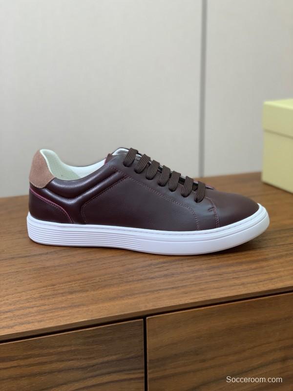 2025 Men Brunello Cucinelli Burgundy Leather Casual Sneakers Original Sole KFY00310(M)