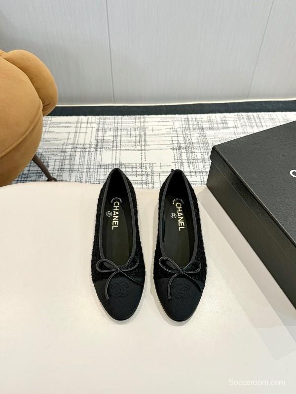 2025 Women Chanel Black Lambskin Tweed Ballet Flats LY00250
