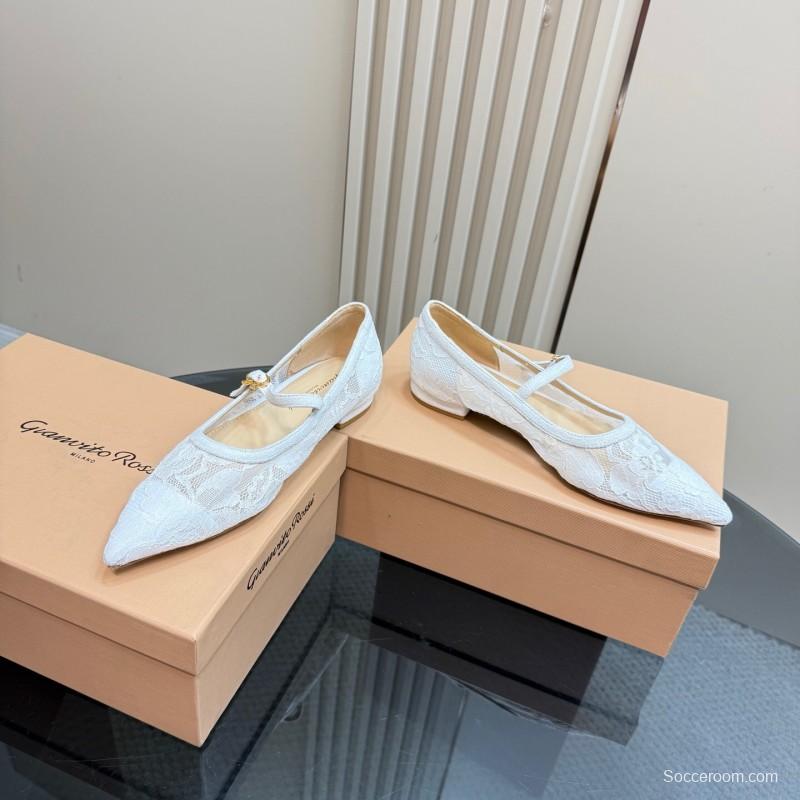2025 Women Gianvito Rossi White Lace Leather Low Heel Ballerina KFY00260