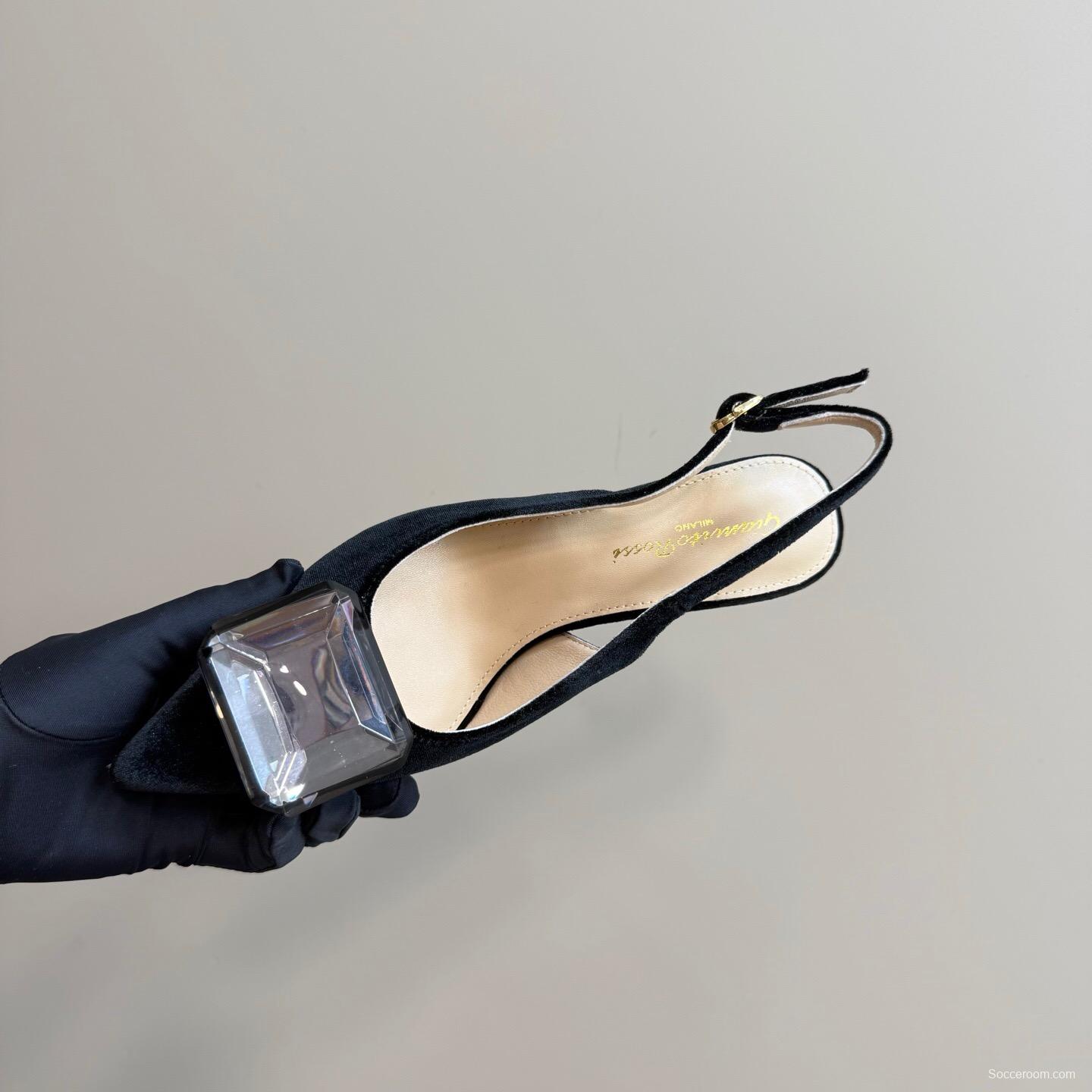 2025 Women Gianvito Rossi Black Velvet Slingback Heels Gemstone Decoration KFY00300