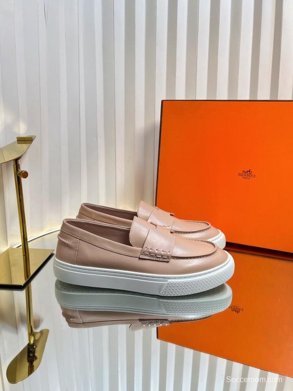 2025 Women Hermès Pink Leather Loafers LY00310(F)