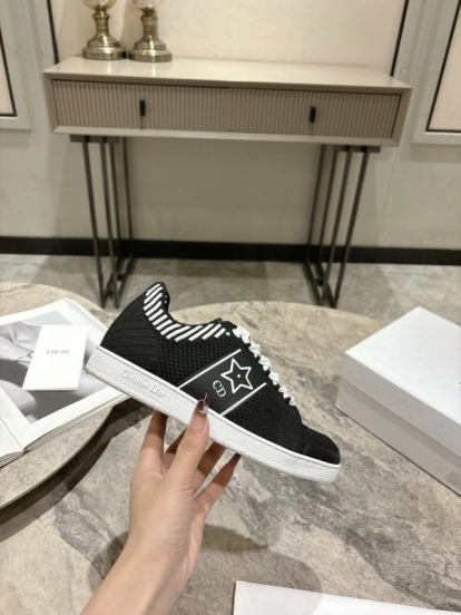 2025 Women Dior Black White Knit Leather Sneakers KFY00330