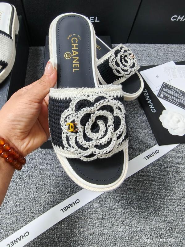 2025 Slippers Chanel Black White Crochet Sandal