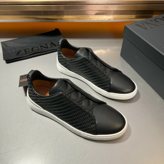 2024 Men Ermenegildo Zegna Black Smooth Calfskin Pelletessuta Sneakers Elastic Detail MJ00280