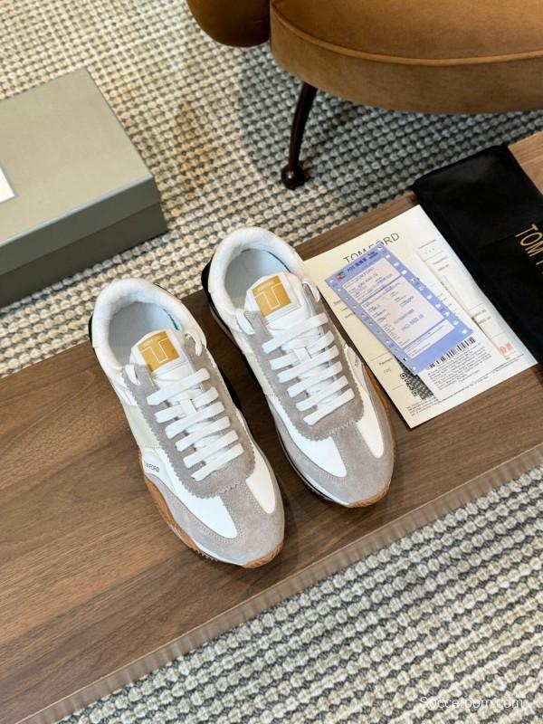 2025 Women TOM FORD White Grey Suede Leather Sneakers LY00360