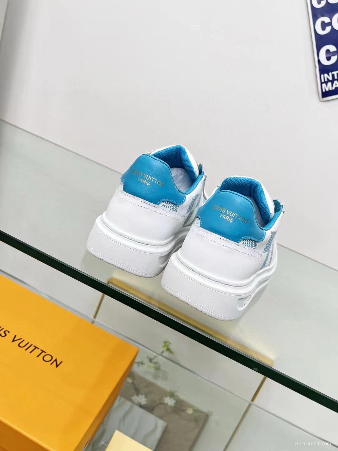 2024 Unisex Louis Vuitton White Blue Leather Sneakers Maxi Damier MJ00330