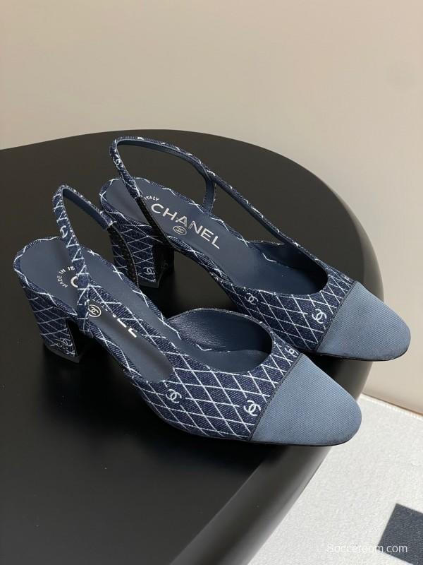 2025 Women Chanel Blue Denim Leather Sling-back Heels