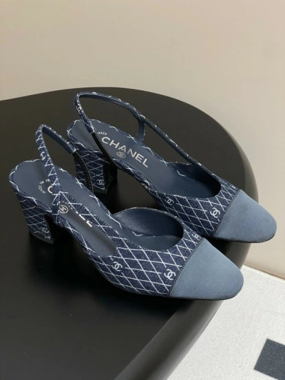 2025 Women Chanel Blue Denim Leather Sling-back Heels