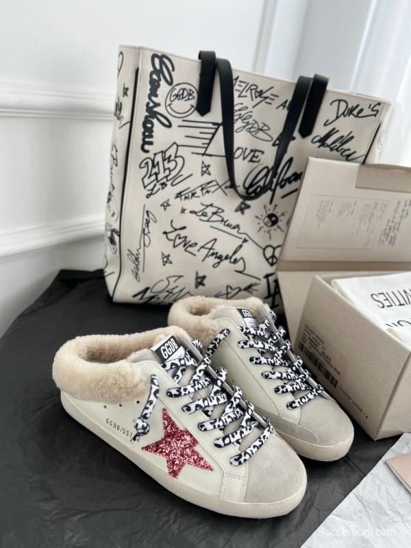 2024 Unisex GGDB White Pink Glitter Suede Leather Fur Slippers MJ00280