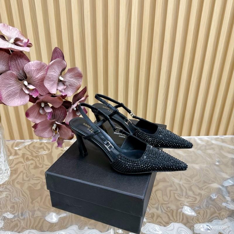 2024 Women Yves Saint Laurent Black Silk Slingback Heels MJ00320