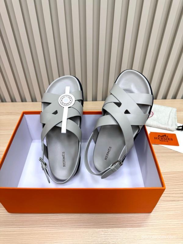 2025 Women Hermès Grey Leather Sandals LY00270