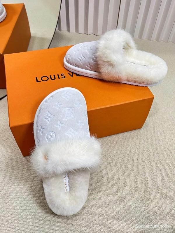 2024 Slippers Louis Vuitton White Fur Slippers MJ00340