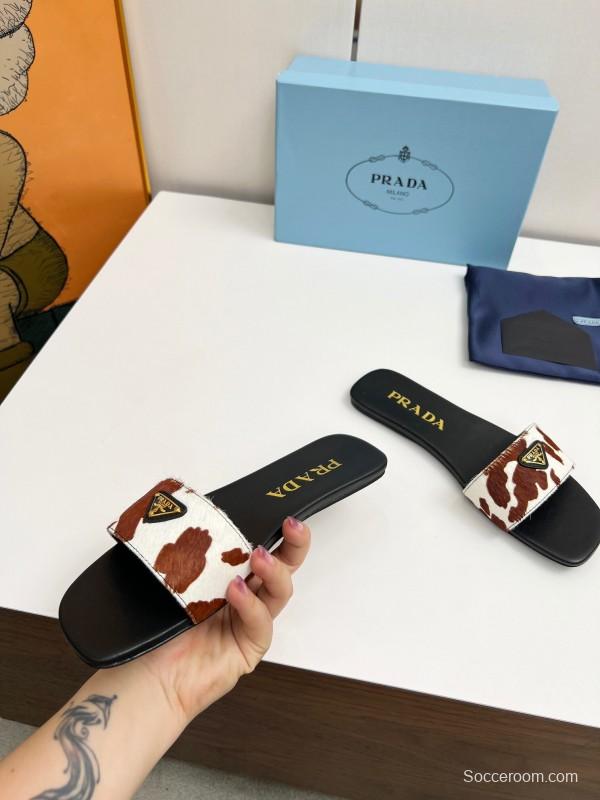 2025 Women Prada Brown White Calf Hair Leather Slippers LY00220