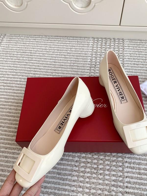 2025 Women Roger Vivier White Patent Leather Pumps Square Buckle