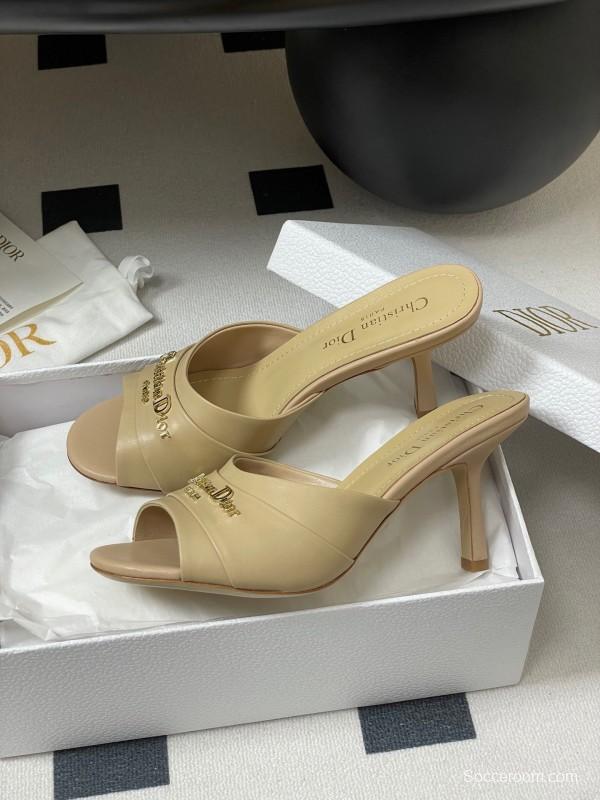 2025 Women Dior Beige Leather Heeled Slippers Christian Dior Logo