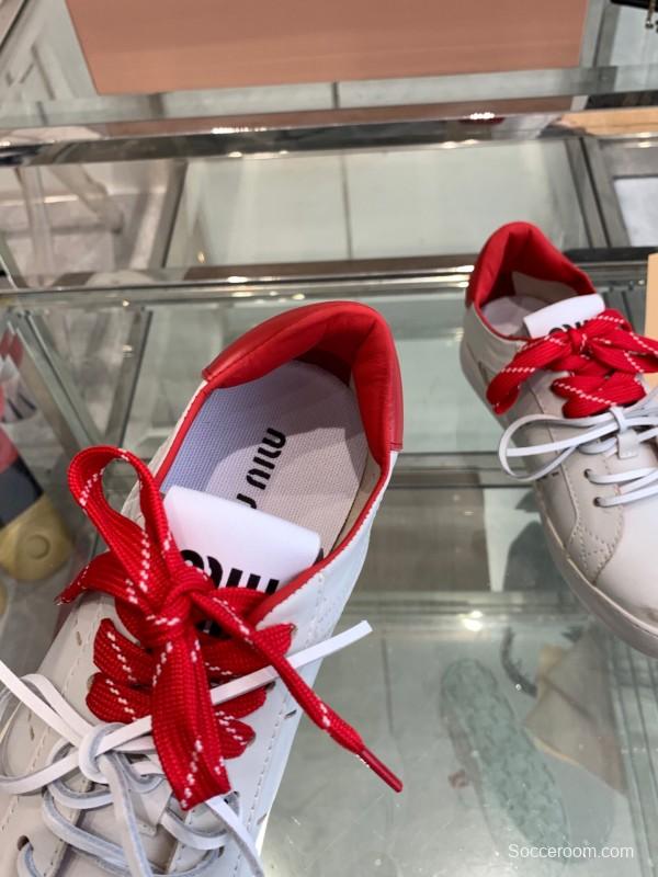2025 Women Miu Miu White Red Leather Sneakers LY00290