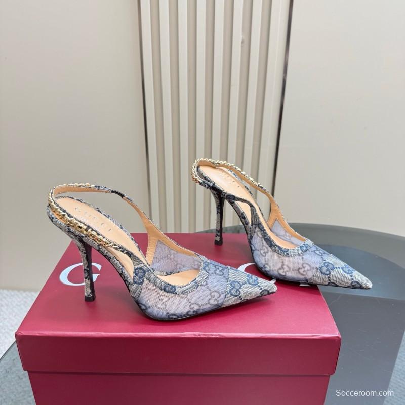 2025 Women Gucci White Mesh Slingback Heels With Crystal Chain Detailing KFY00300(F)