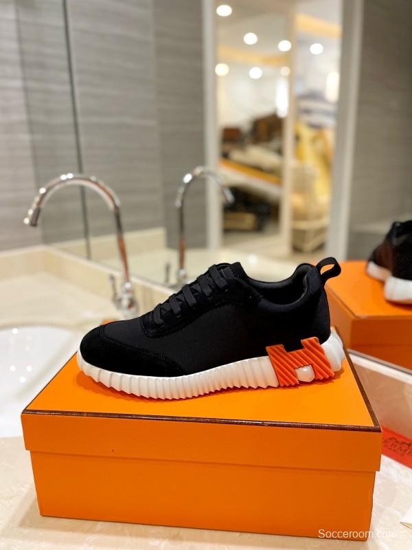 2024 Unisex Hermès Black Orange Glossy Calfskin Nylon Sneakers MJ00320