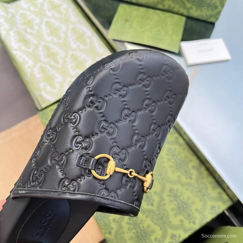 2024 Slippers Gucci Black Leather GG Pattern Horsebit MJ00280