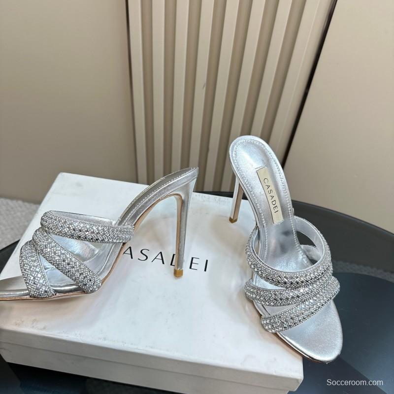 2025 Women Casadei Silver Leather High Heel Crystal Embellished KFY00290