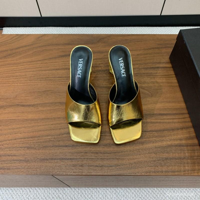 2025 Women VERSACE Gold Leather Heeled Sandals