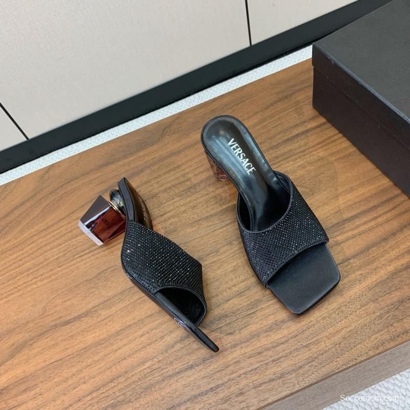 2025 Women VERSACE Black Silk Satin Slippers KFY00300