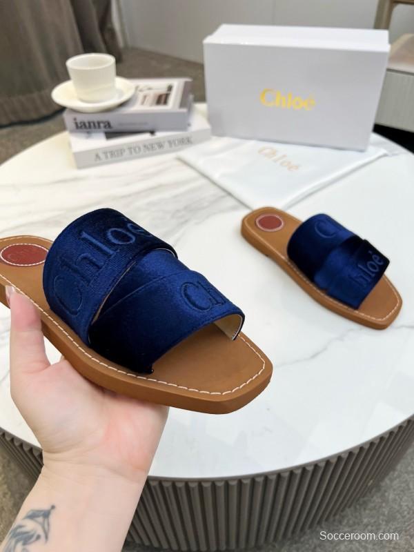 2025 Women Chloe Navy Velvet Slippers LY00200