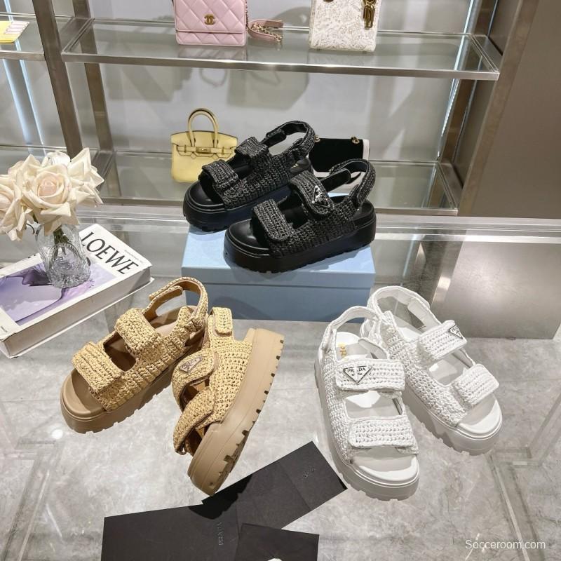 2025 Women Prada Beige Woven Leather Platform Sandals