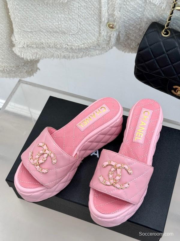 2025 Women Chanel Pink Leather Platform Slide Sandals