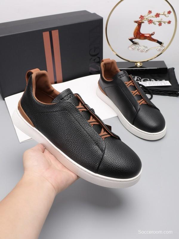2024 Men Ermenegildo Zegna Black Brown Leather Sneakers MJ00240