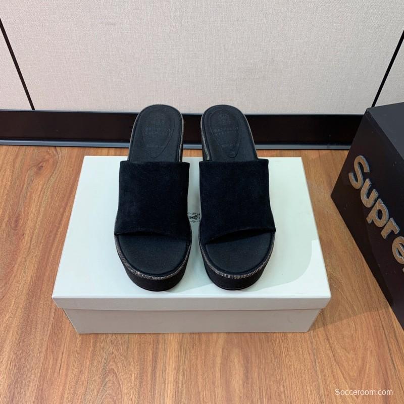 2025 Women BRUNELLO CUCINELLI Black Suede Platform Slide Sandals Casual Craftsmanship KFY00275(F)